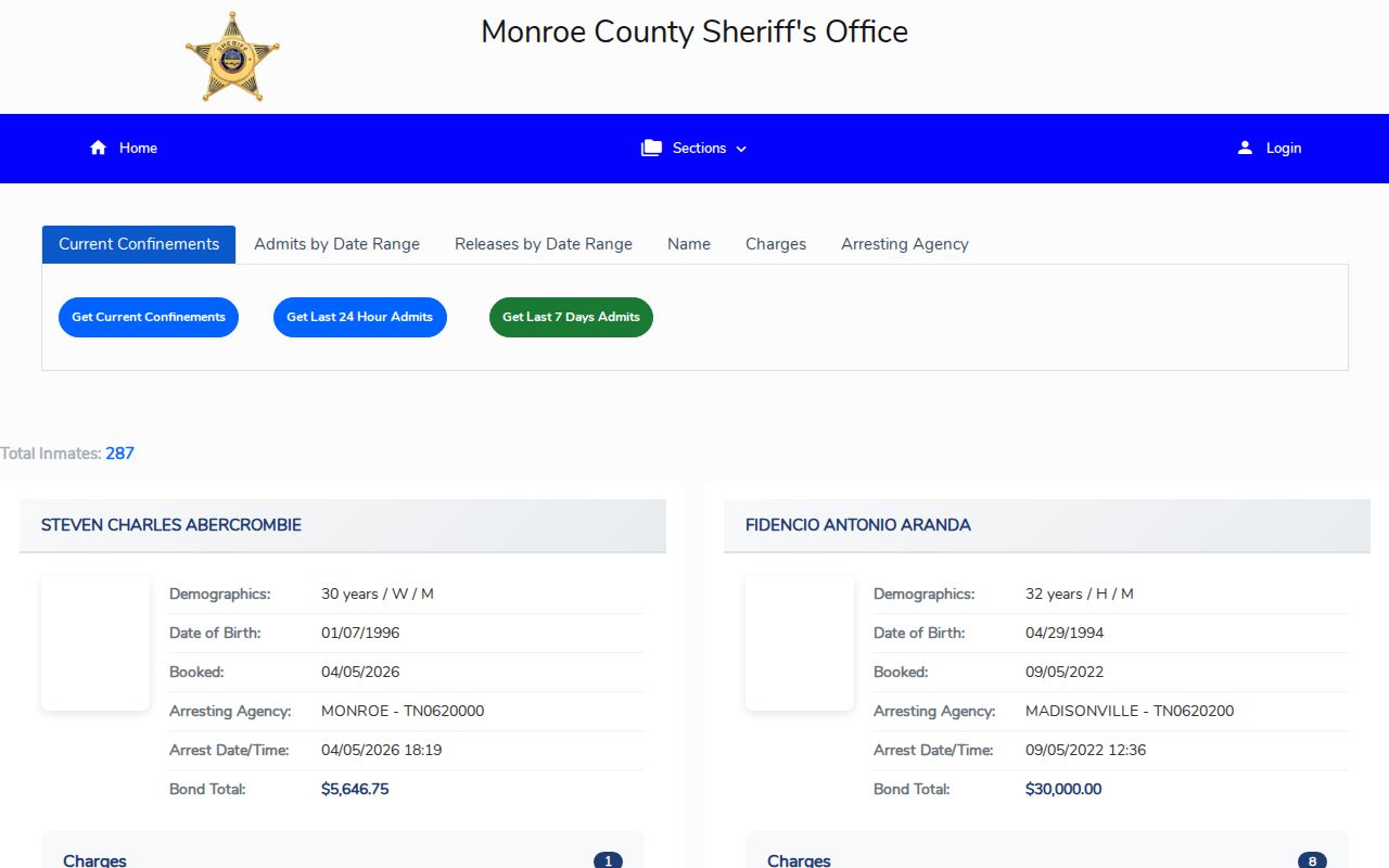 Monroe County jail roster booking record search interface